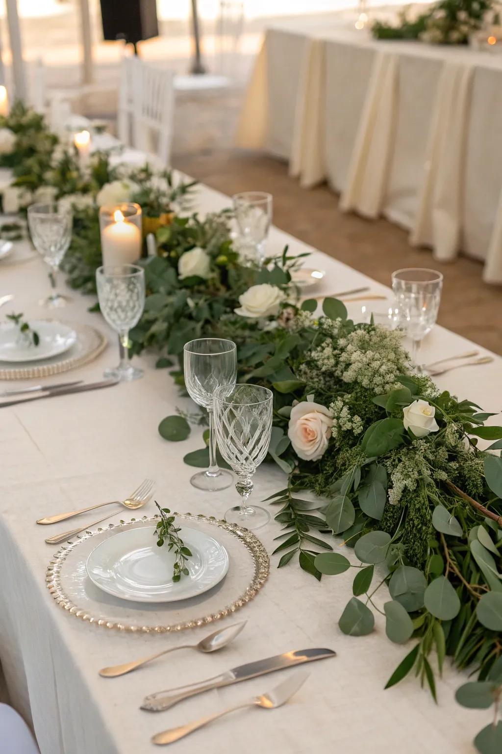 Plant life garlands bring a fresh and organic feel to the dining.
