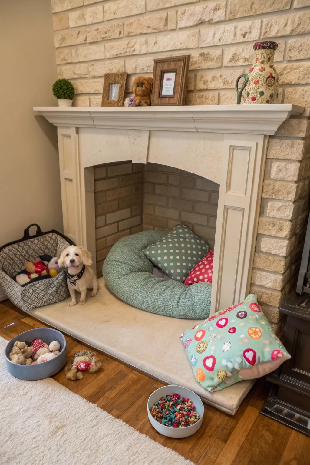 Construct a cozy furry companion retreat in your fireplace.