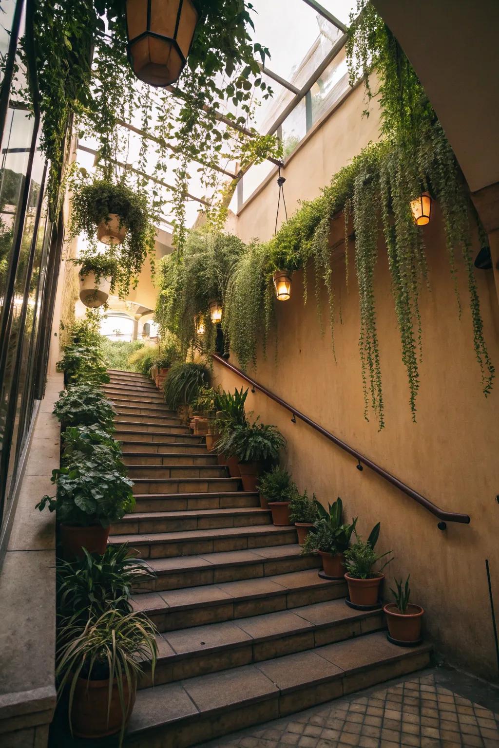 Plants introduce vitality and color to stairwells.
