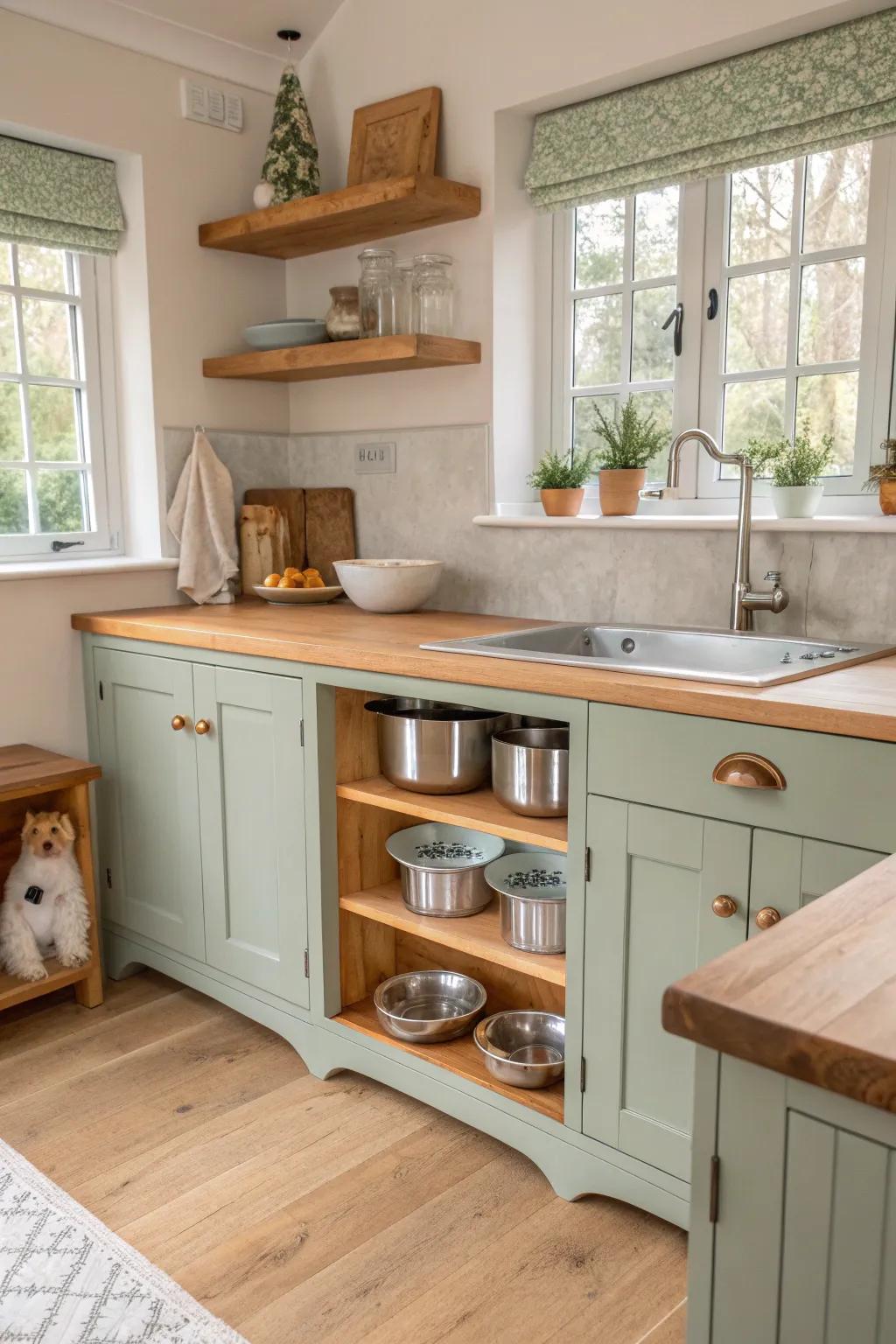Promote contentment amongst your fauna via a conveniently positioned culinary canine feeding post. 🐾 #PetFriendly #KitchenDesign