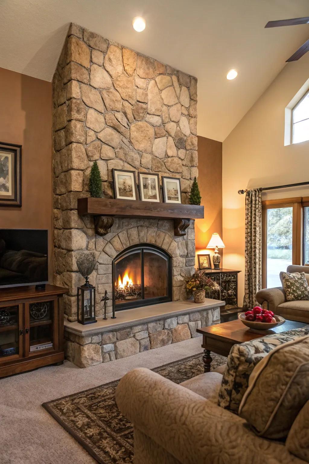 A rock-clad fireplace serves as a snug core element.