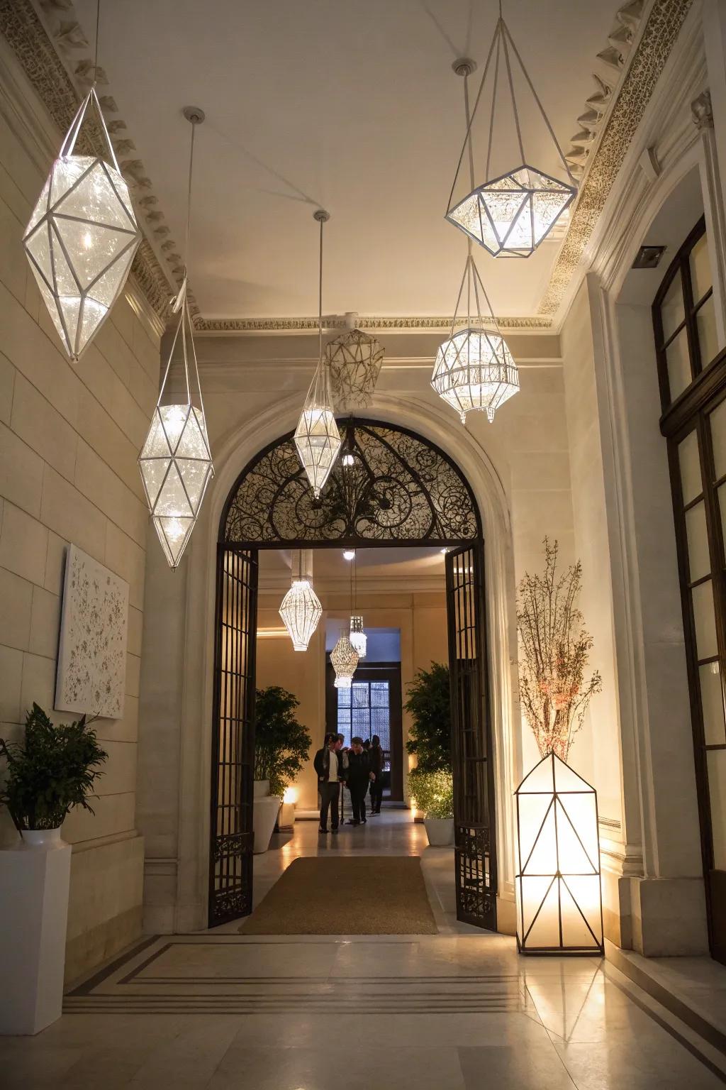An artistic lighting installation crafts a striking focal point within this entryway.