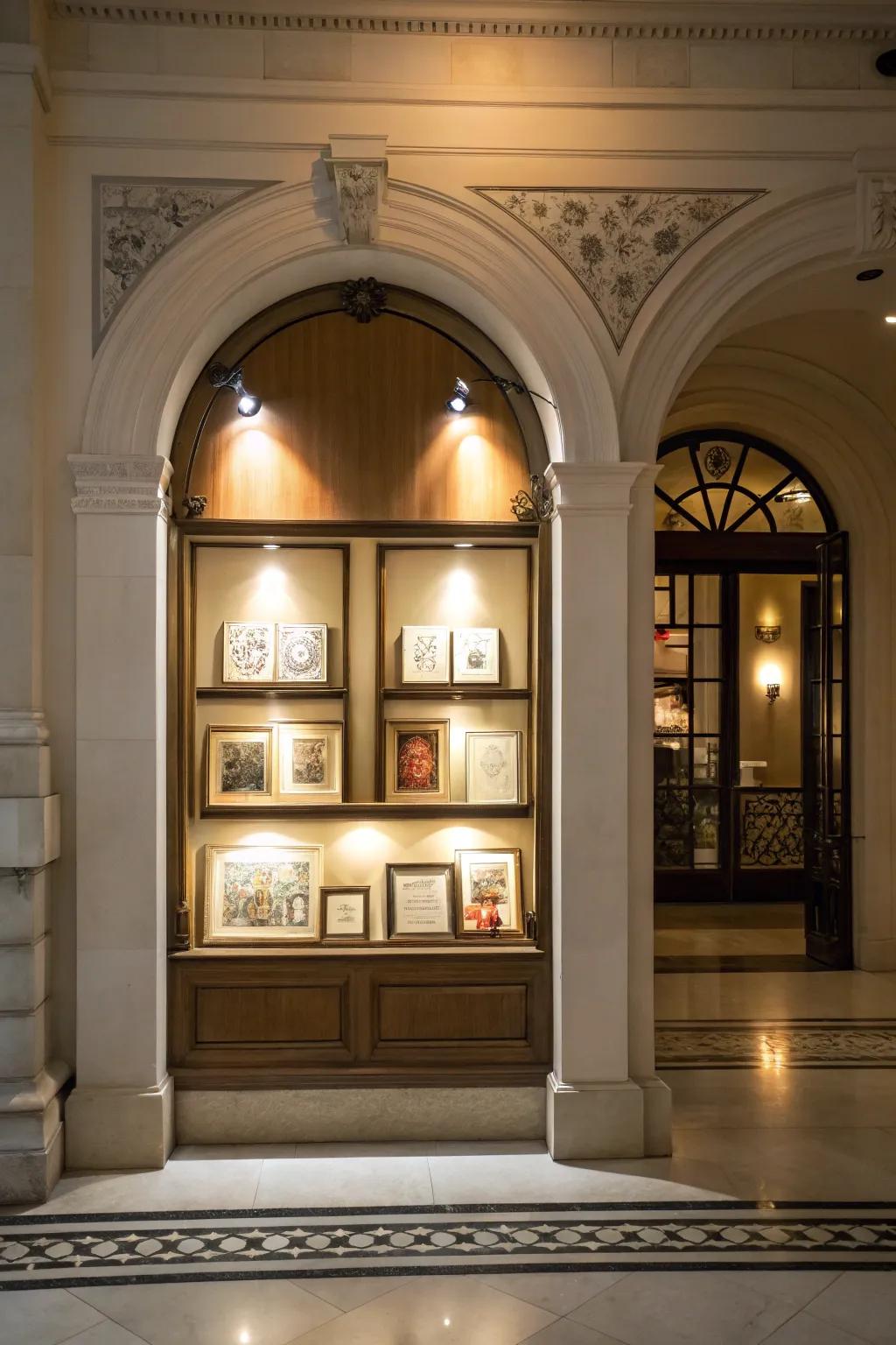 Spotlights enhance drama and focus to this art-filled niche.