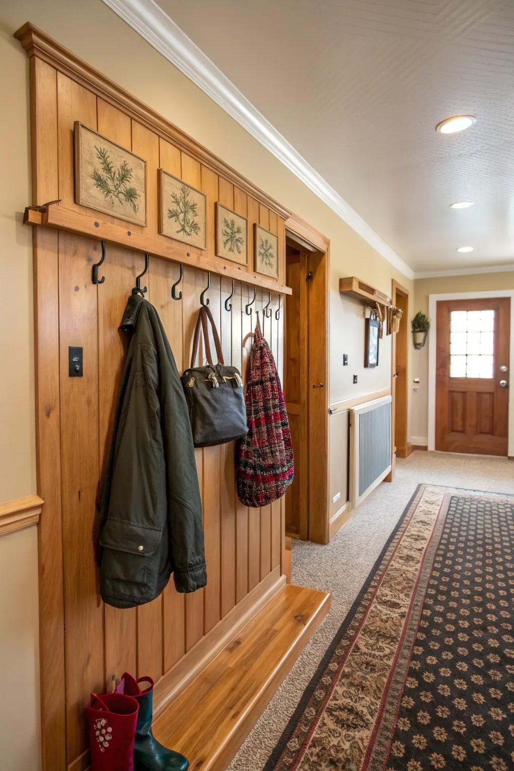 Integrated fixtures provide style and practicality in the entryway.