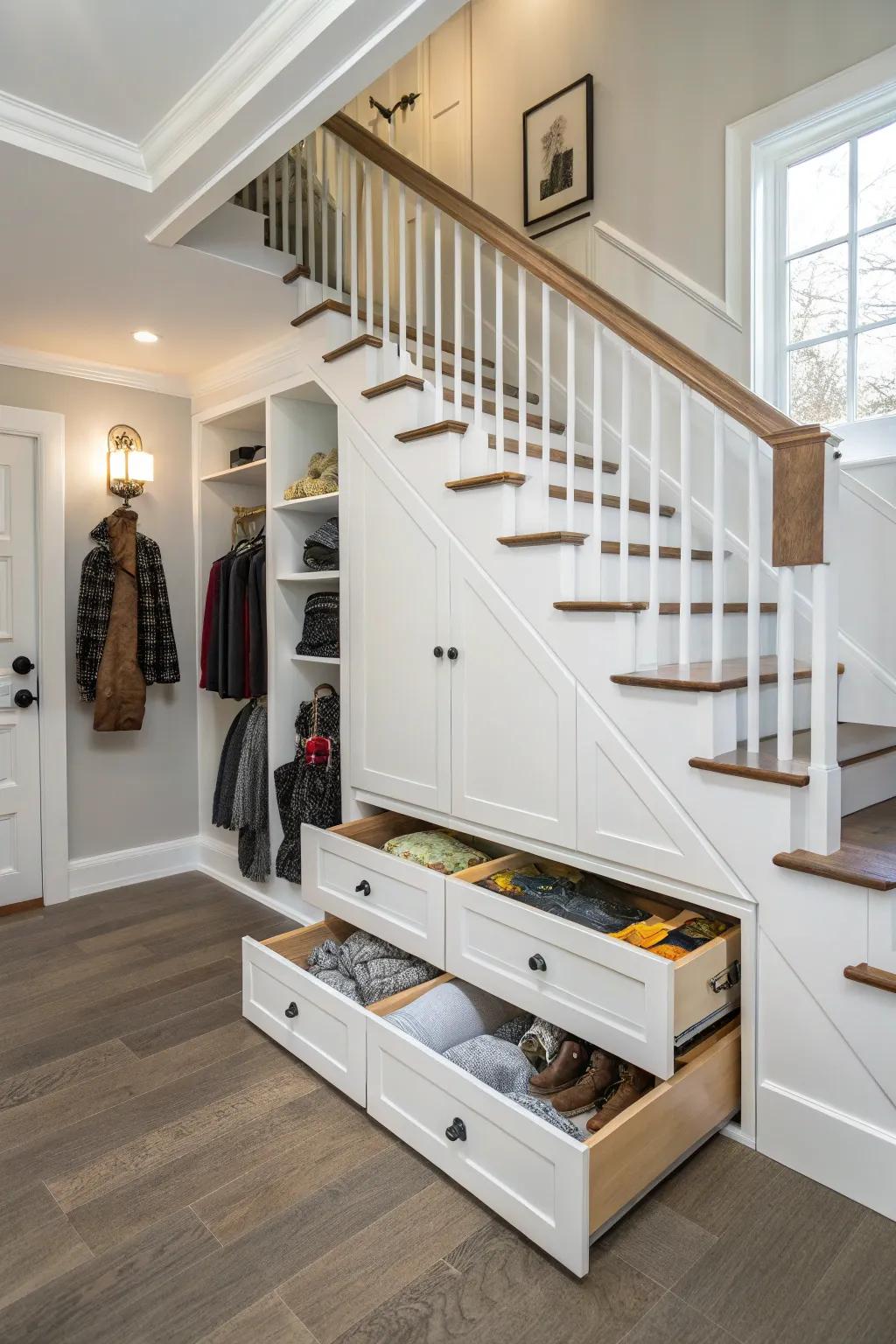 Beneath-stair storage maximizes unused area productively.