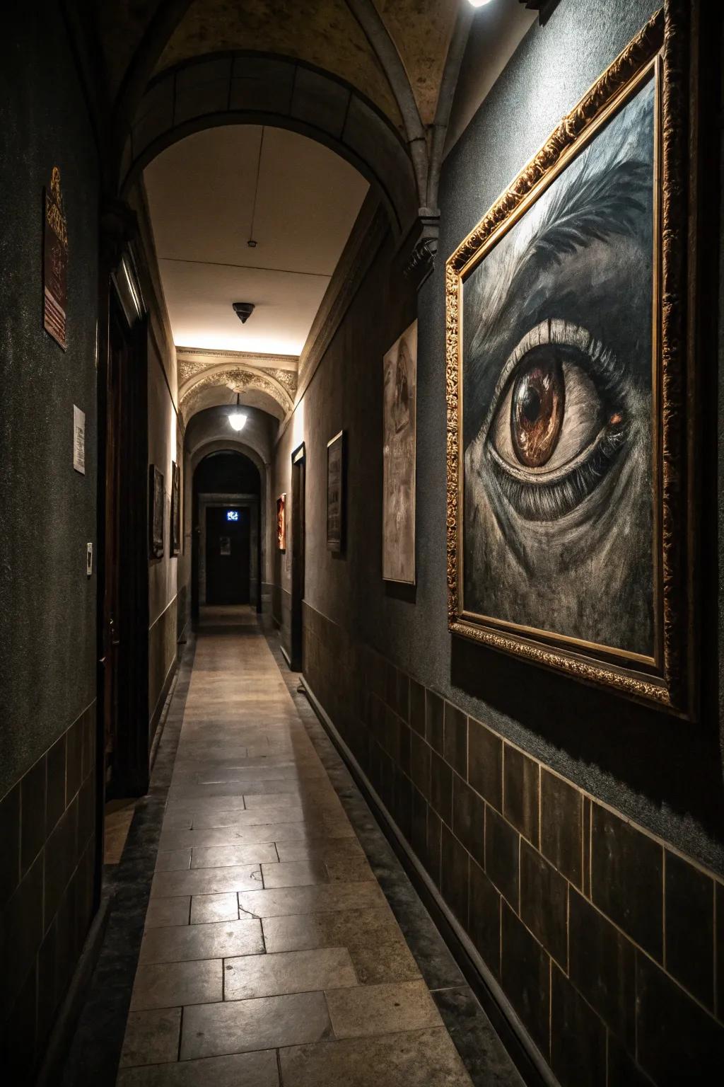 A dramatic gothic eye painting contributing enigma and allure to the corridor.
