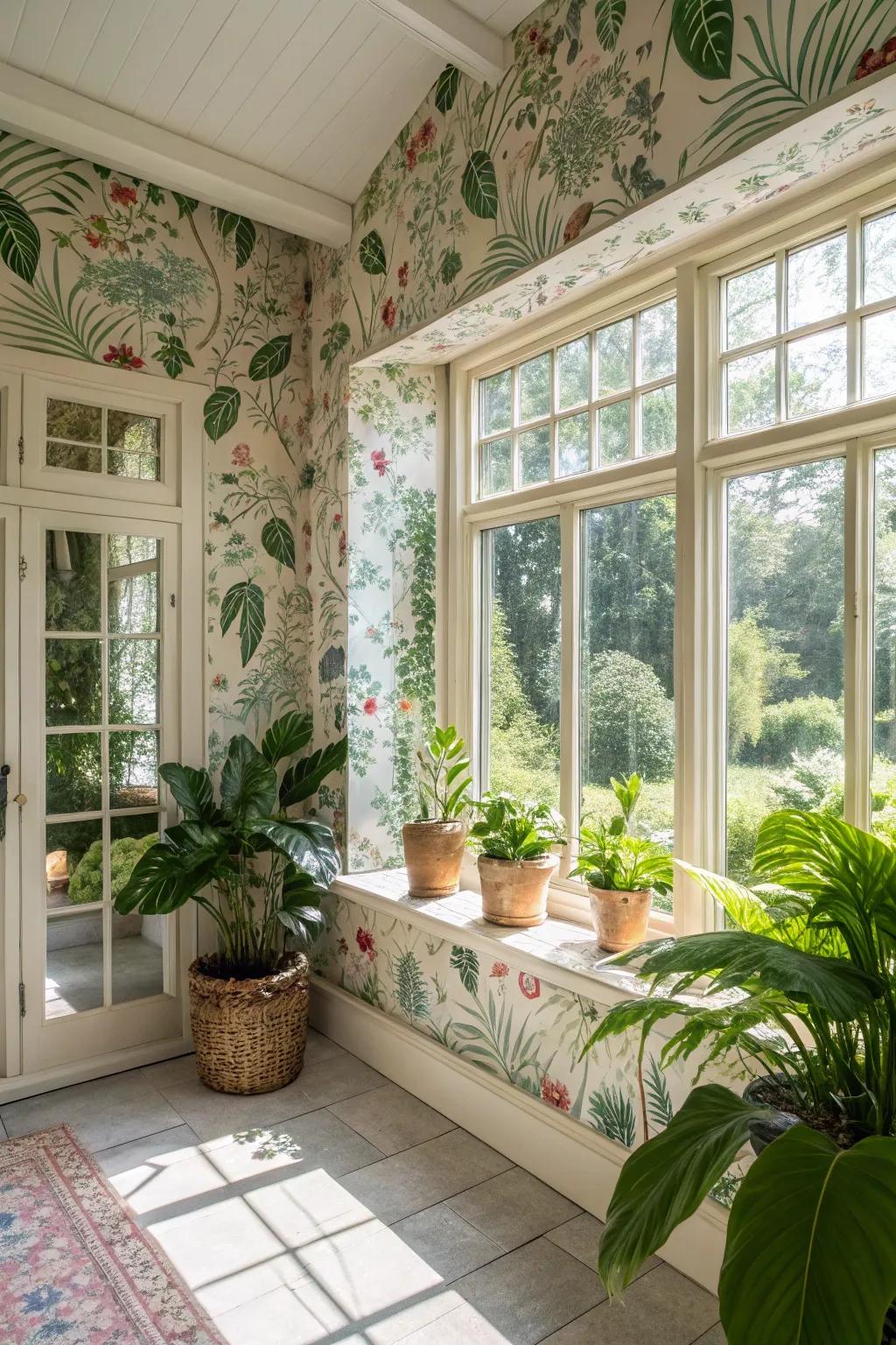 The synthesis of floral and fauna elements in fabric wallpaper effectively transports the garden indoors.