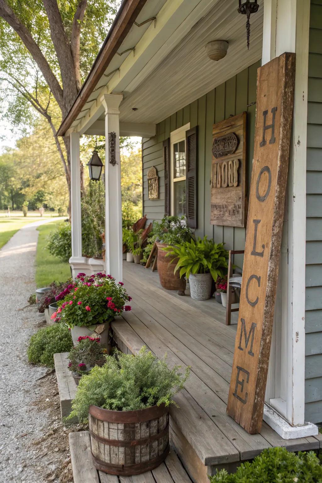 Natural timber accents infuse warmth into a fall entrance.