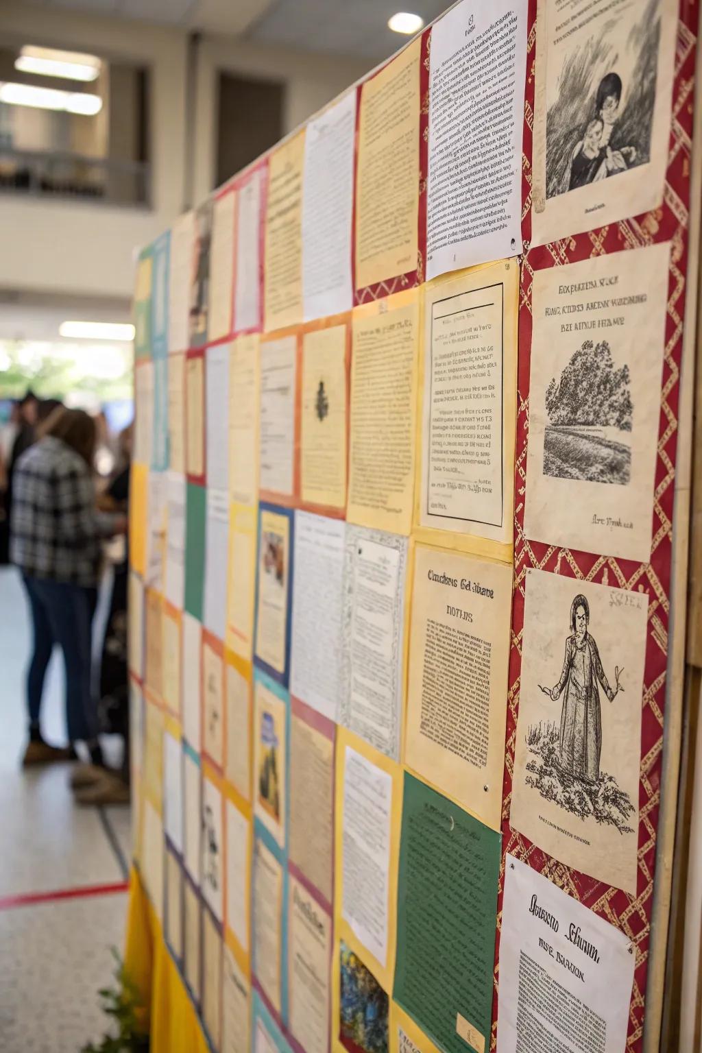 A comfortable quilt-inspired display employing book pages.