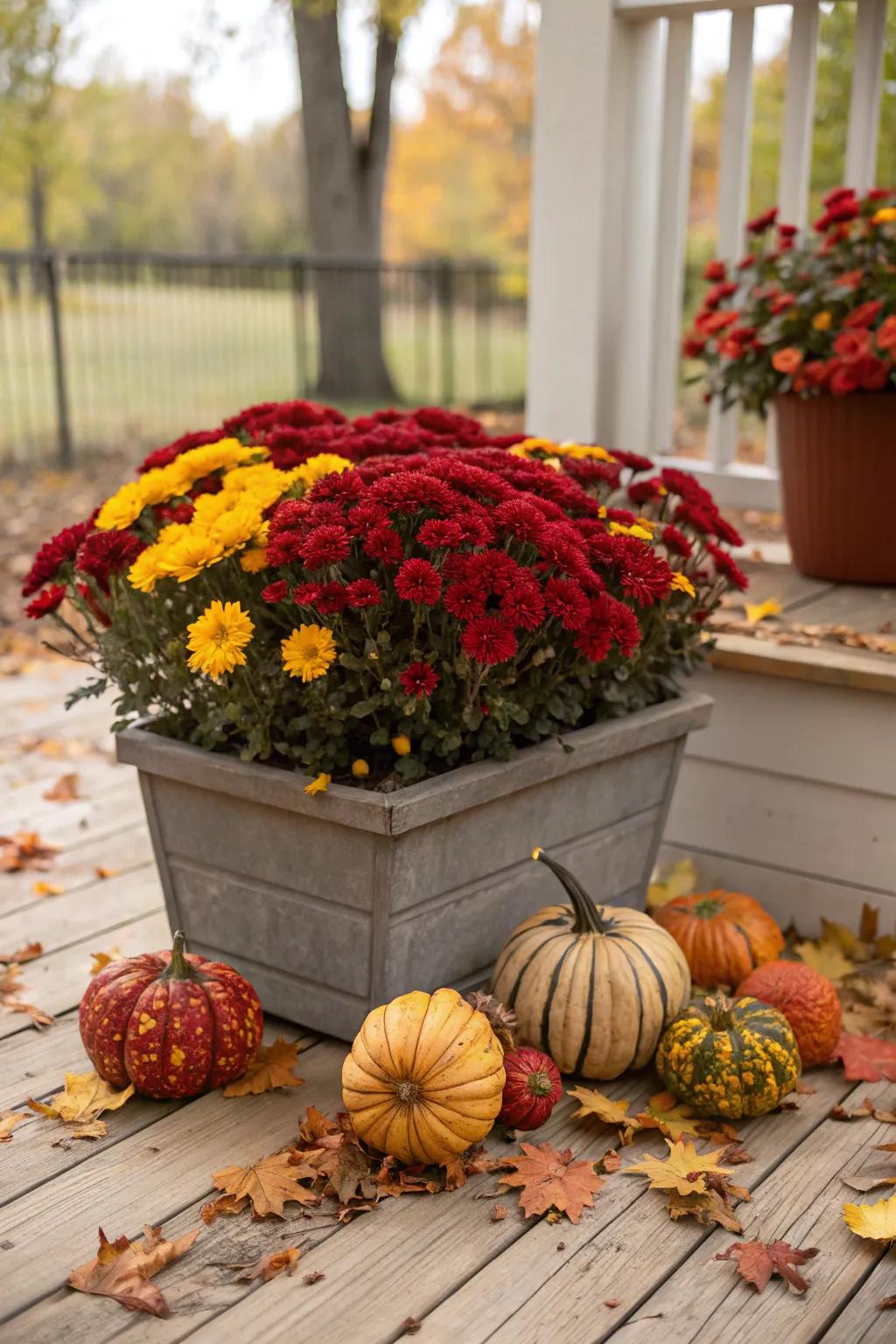 Spirited display with blooms and small gourds