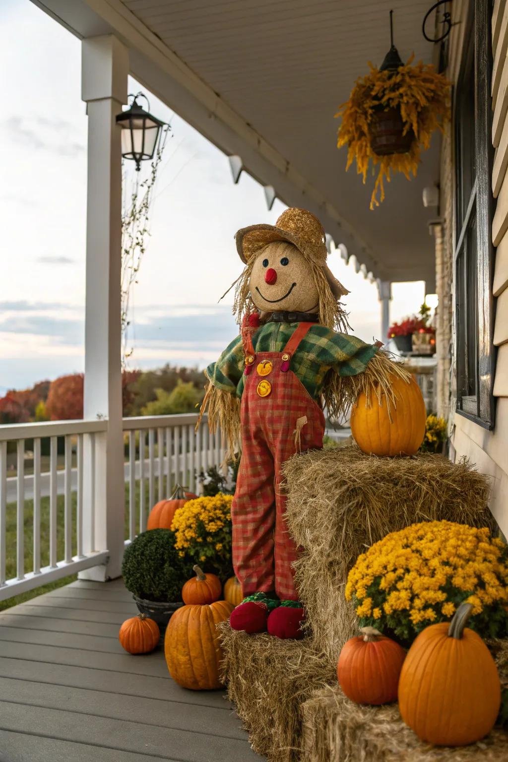 A cheerful scarecrow conveys a whimsical aspect to the autumnal porch.