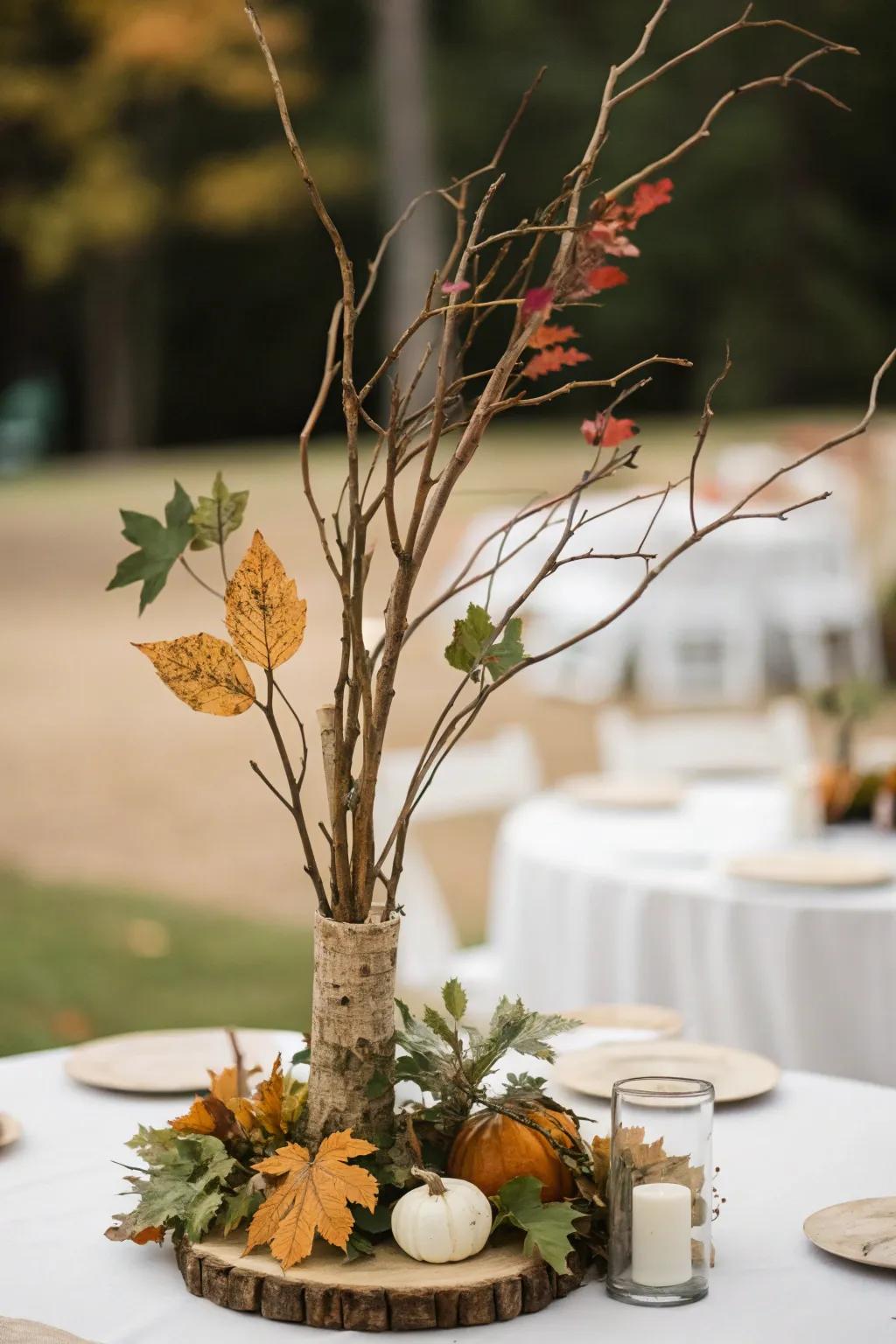 Minimalist refinement through pure elements such as limbs and foliage for a fall marriage centerpiece.