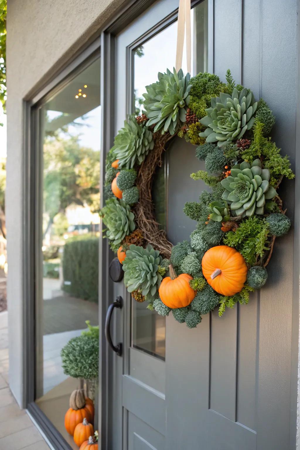 Succulents and squashes fashion a novel and modern fall wreath.