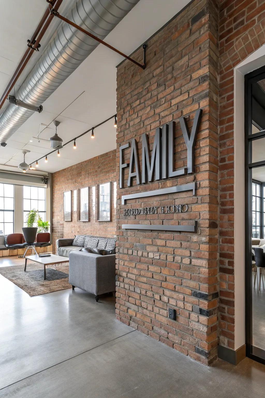 A metallic surname display contributing boldness to a loft-style space.