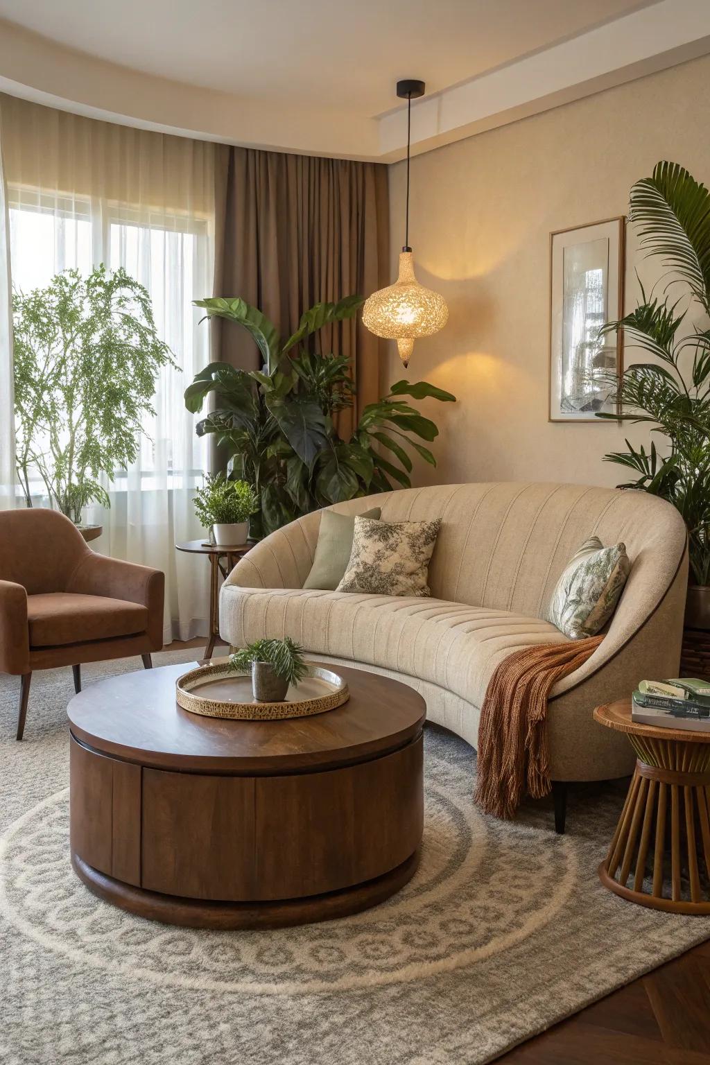 A family room softened by natural contours.