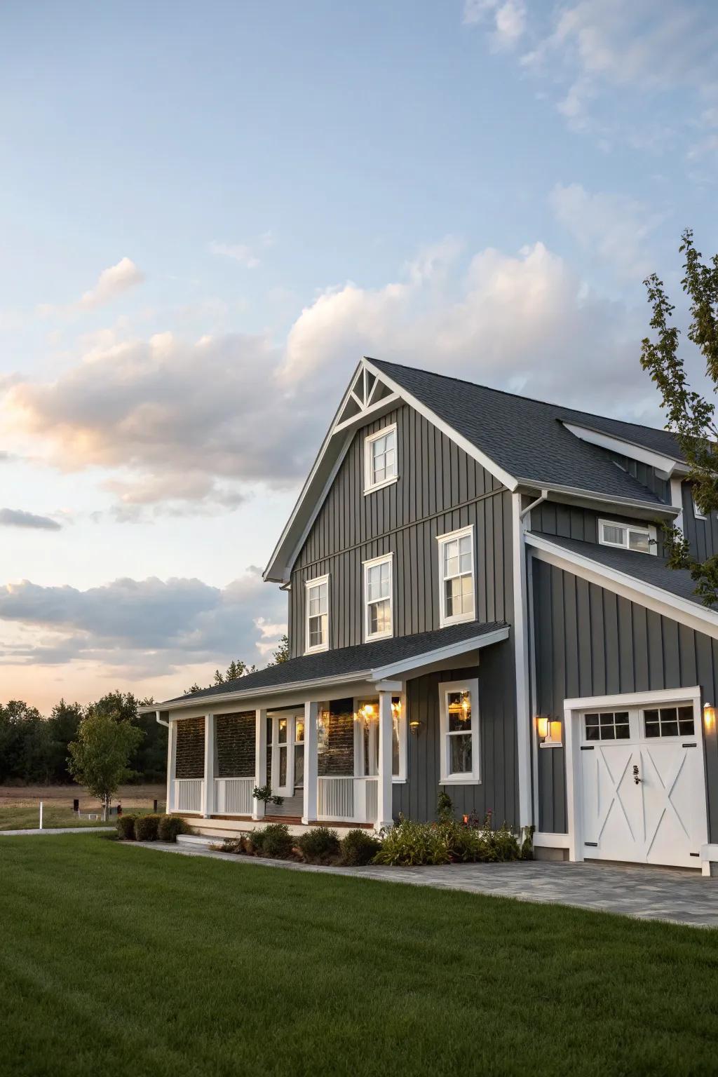 Charcoal gray introduces a sophisticated and modern flair to this farmhouse.