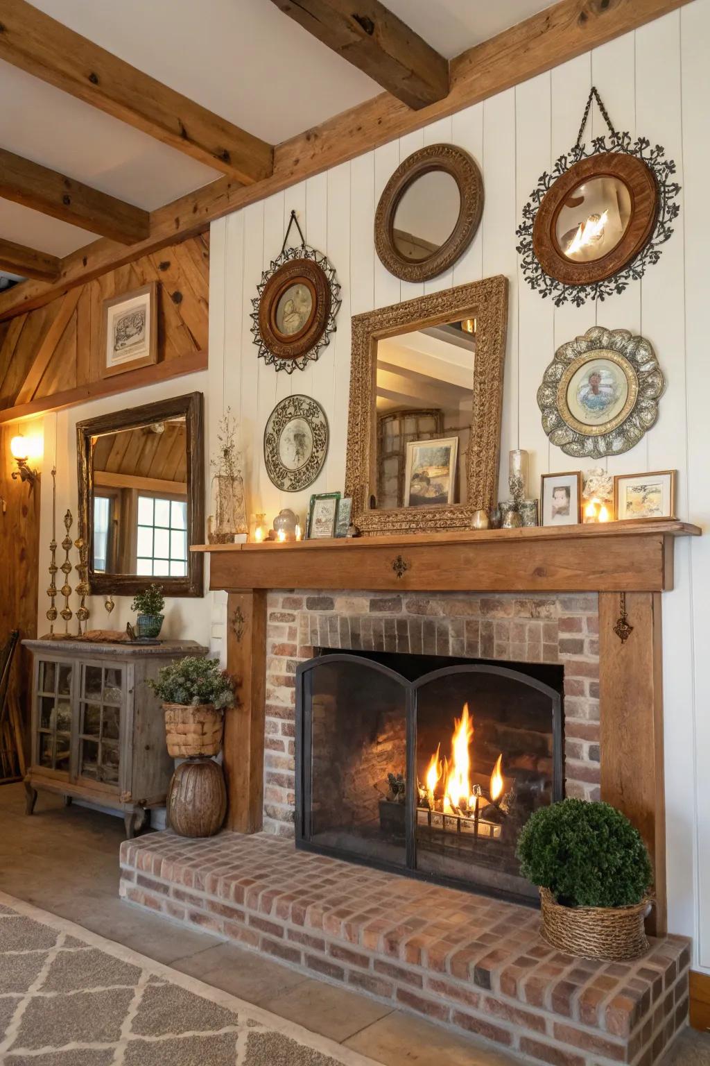 Ornamental highlights elevating a farmhouse fireplace.