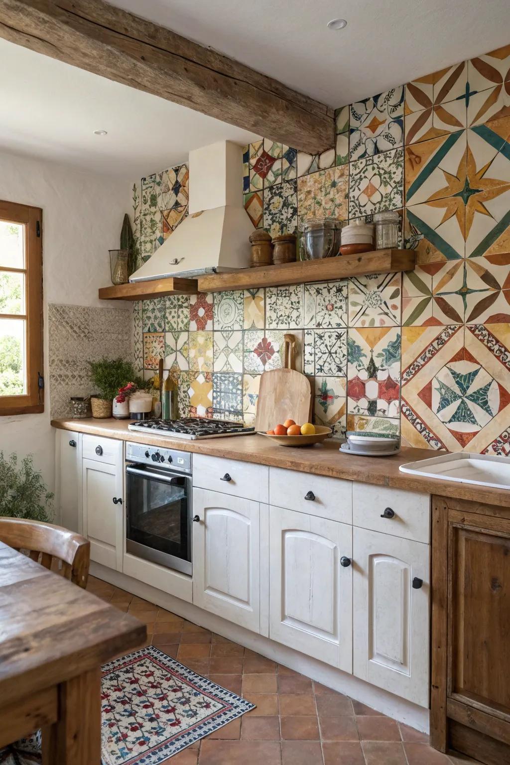 A country-style kitchen featuring geometric patterned blocks creating a contemporary vibe.