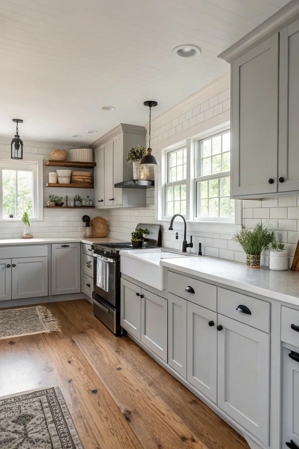 Monochrome chalk coating introduces a modern edge to a farmhouse kitchen.