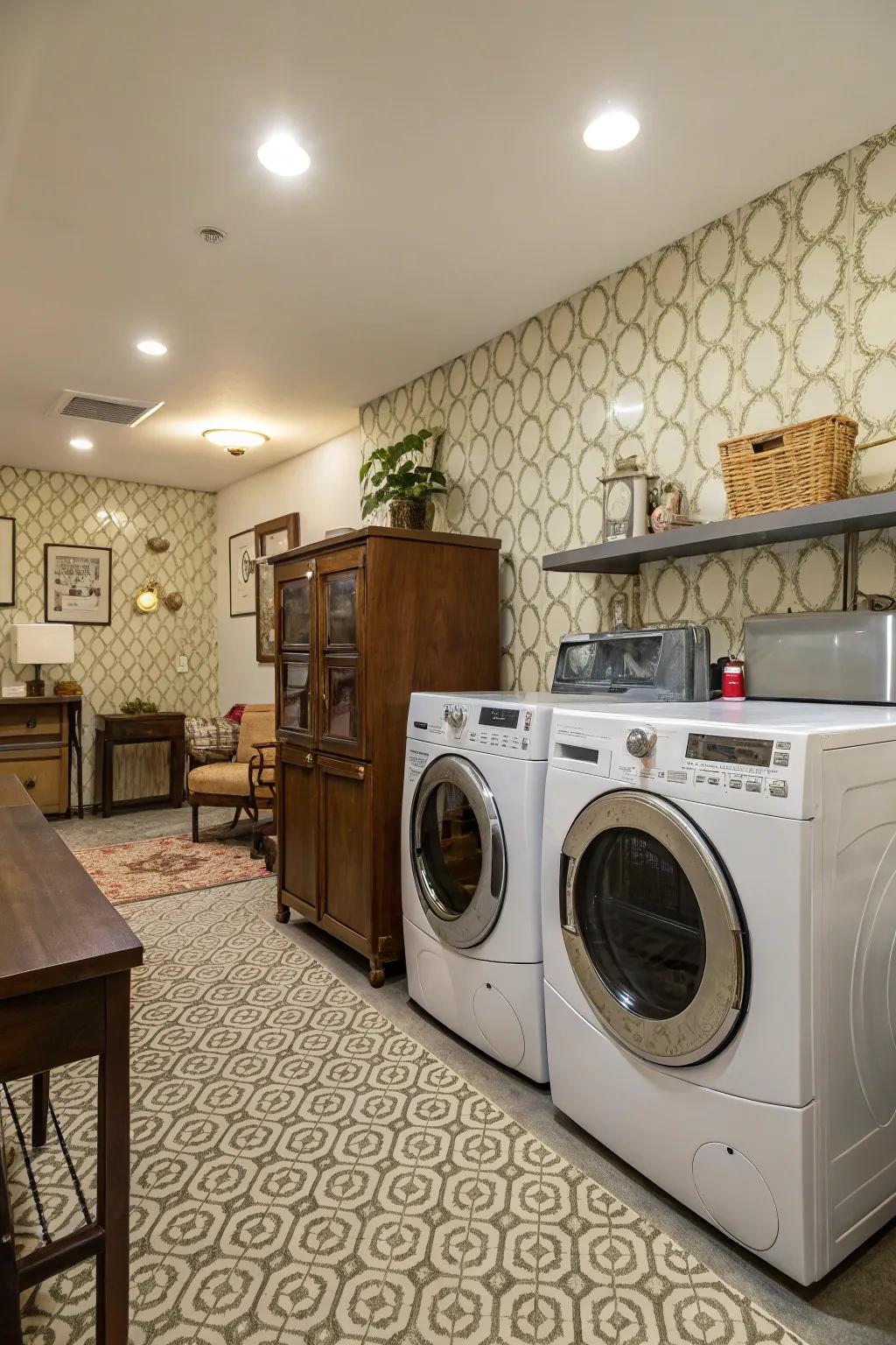 A harmonious blend of modern and classic elements creates a unique farmhouse laundry area.