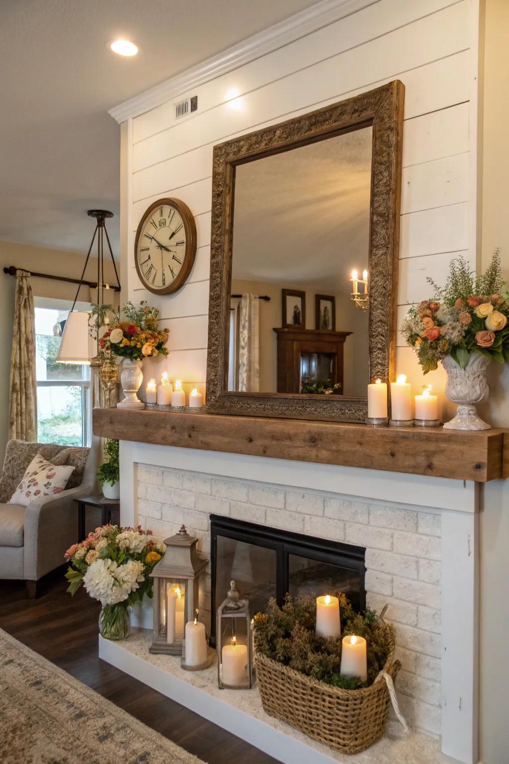 An impressive mirror introduces elegance and expands the space above the mantel.