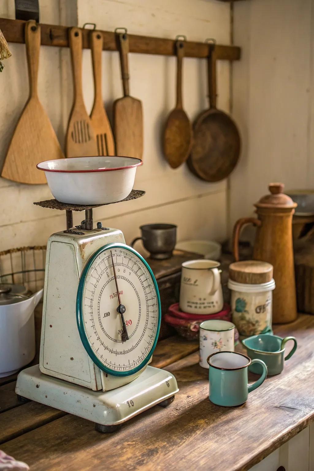 Sentimental cookware shown upon an antique scale.