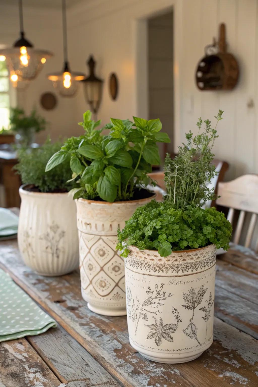 Antique crocks filled with herbs bring a refreshing, natural fragrance to your table.