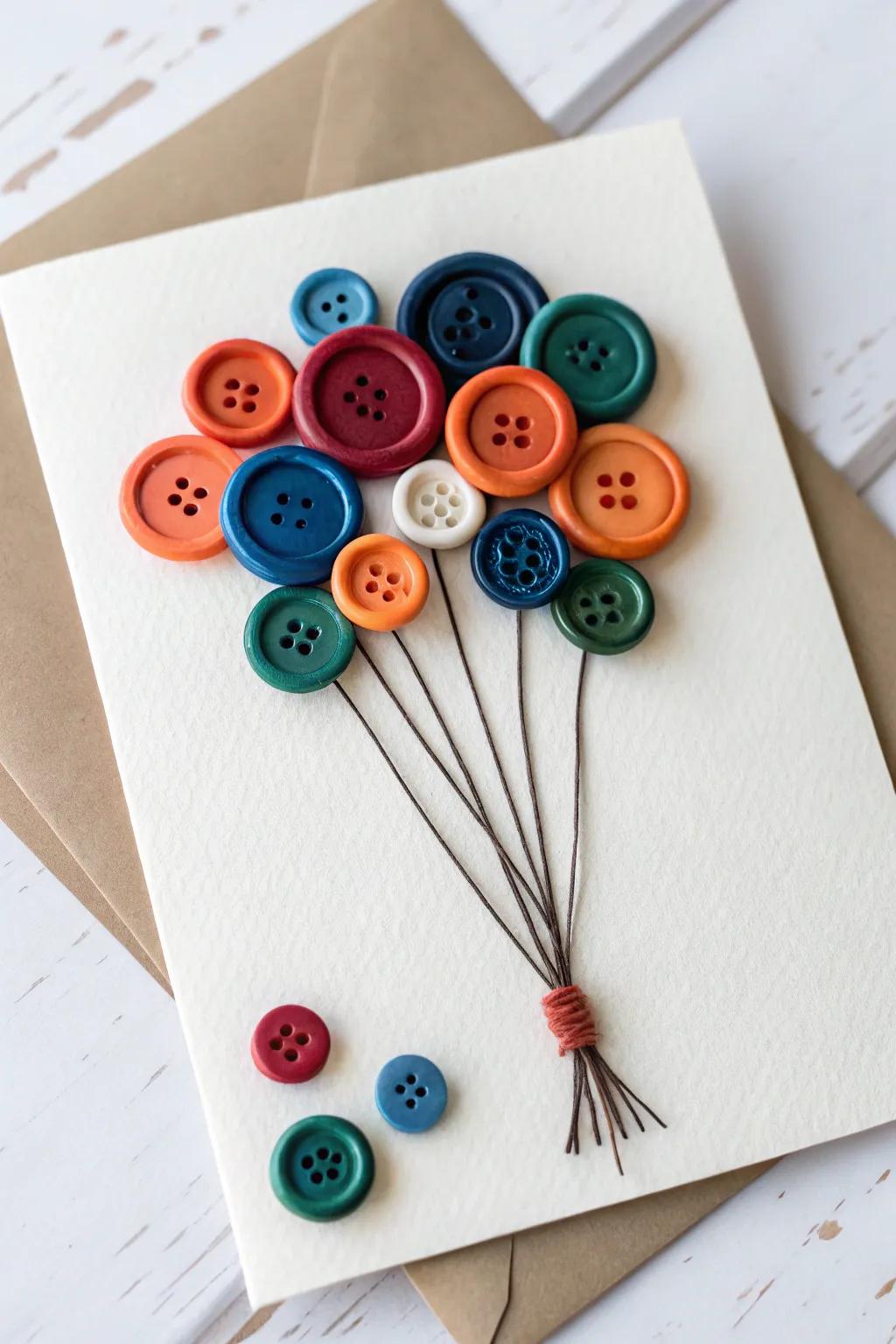 <strong><em>Craft a heartfelt Father’s Day card featuring a singular button bouquet for an unpretentious yet striking gesture.</em></strong>” loading=”lazy” class=”pimg”>
	</picture><figcaption><strong><em>Craft a heartfelt Father’s Day card featuring a singular button bouquet for an unpretentious yet striking gesture.</em></strong></figcaption></figure>
<p>Arrange buttons resembling a bouquet of balloons on the card’s facade. It presents a cheerful design that literally elevates spirits, invariably eliciting a smile.</p>
<h3>Explore these options:</h3>
<ul class=