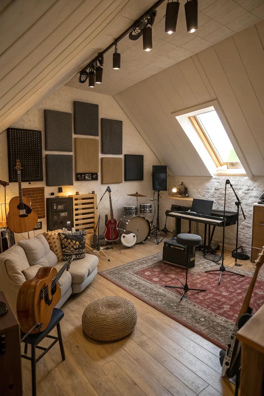 A harmonious attic music room crafted for both sound quality and comfort.