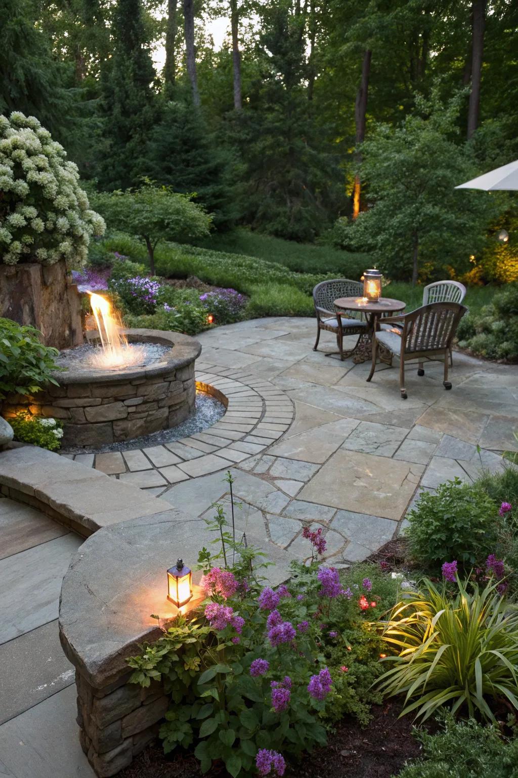 A tranquil flagstone patio featuring a liquid element.