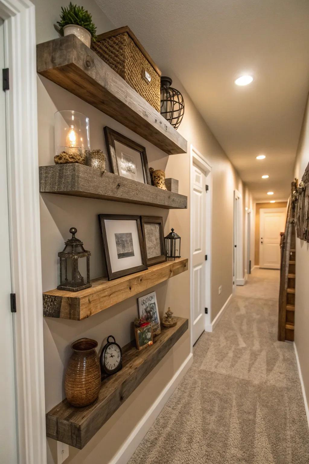 Incorporate depth within your hallway through textured shelf finishes.