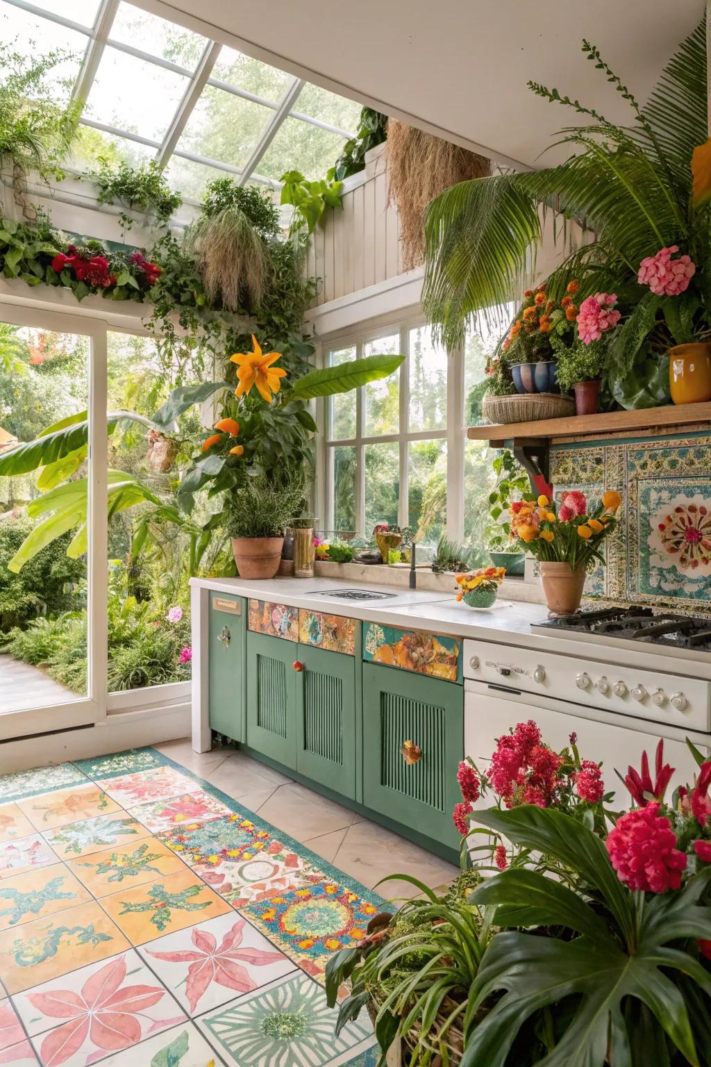 Tropical themes provide a vacation-like feel inside the kitchen.