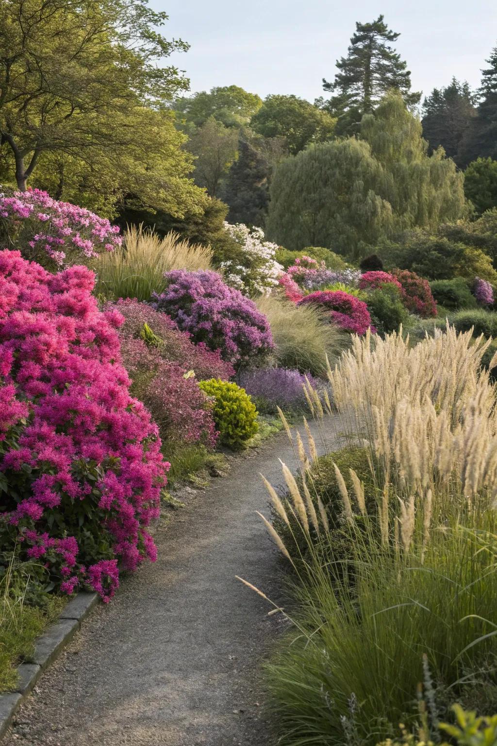 Incorporate texture using azaleas and contrasting flora.