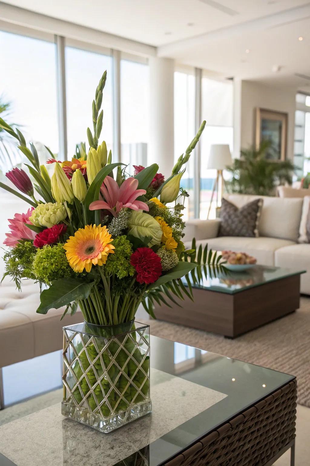 A structured bouquet enriching a contemporary living room with elegance.