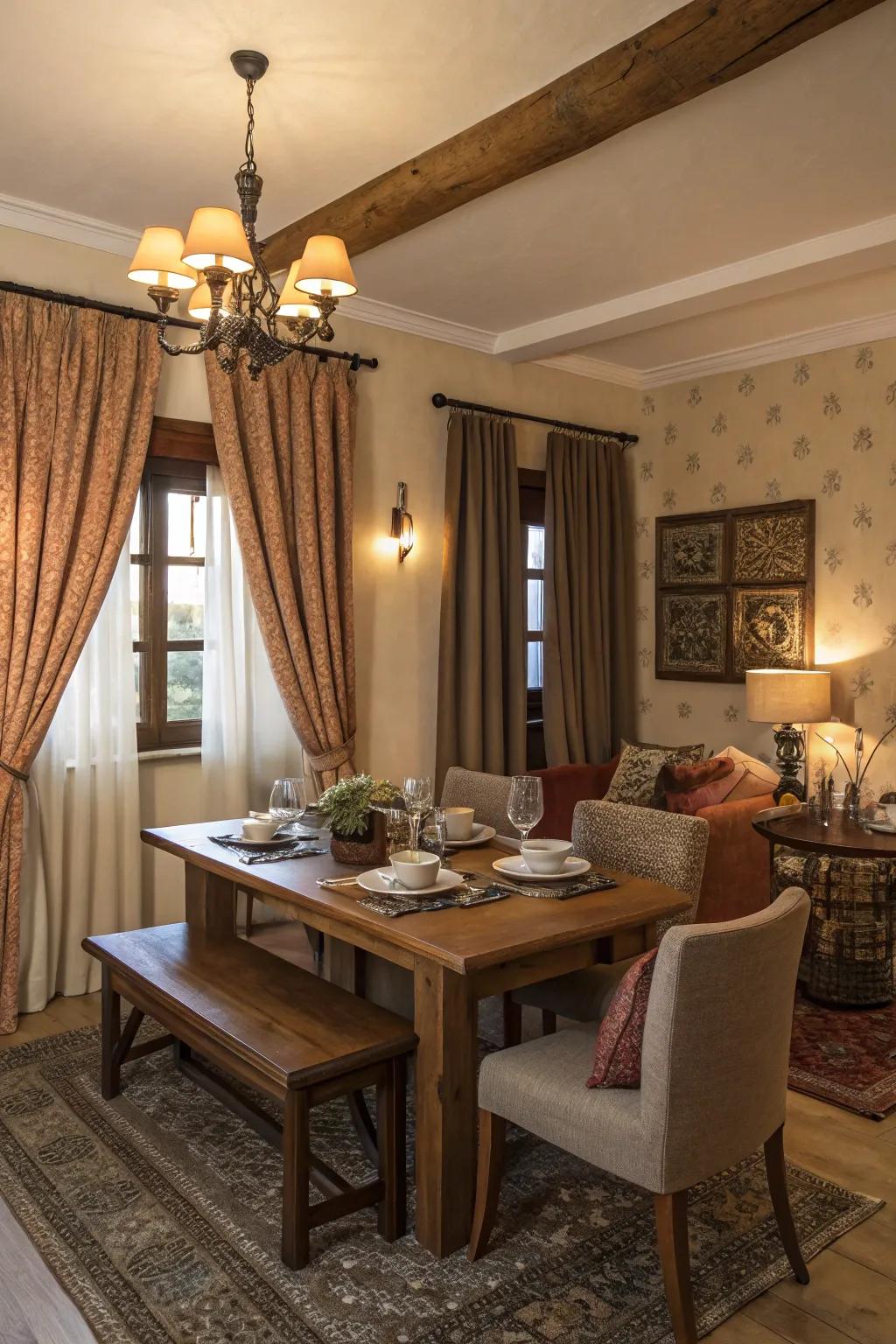 Warm shaded window coverings create a cozy and inviting dining atmosphere.