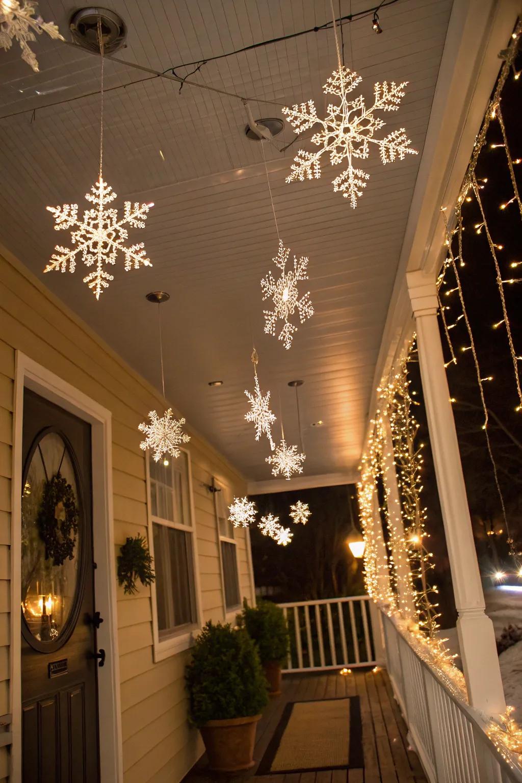 Snow crystal embellishments transform your porch into a winter wonderland.