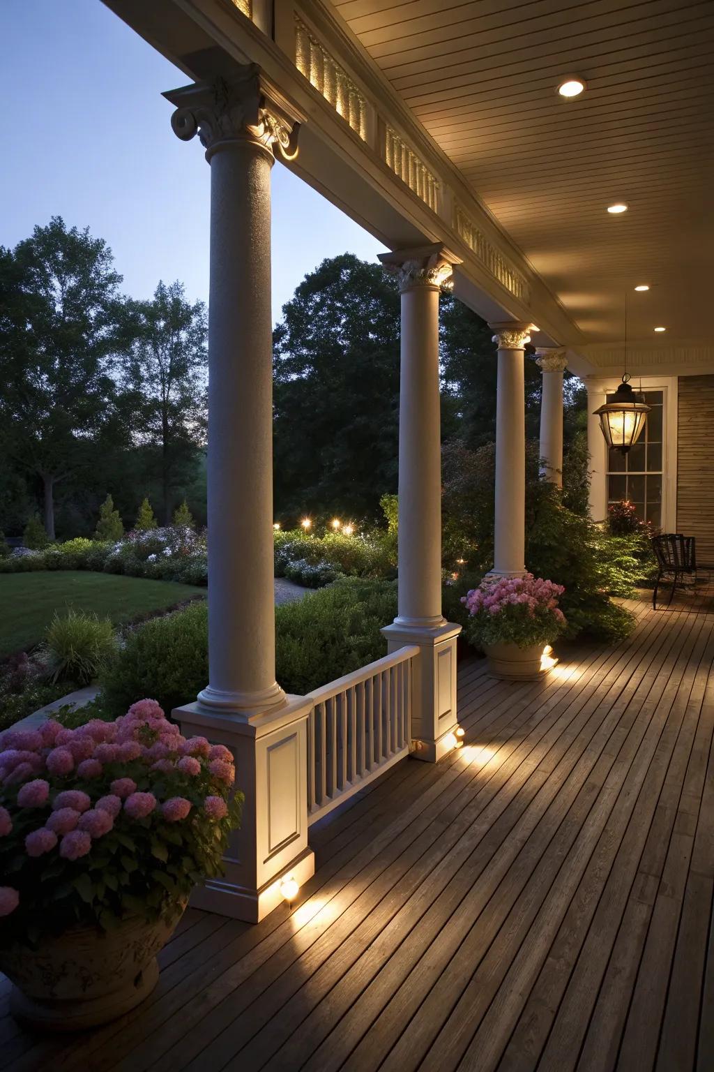 Integrated illumination on columns establishes a toasty and welcoming evening ambiance.