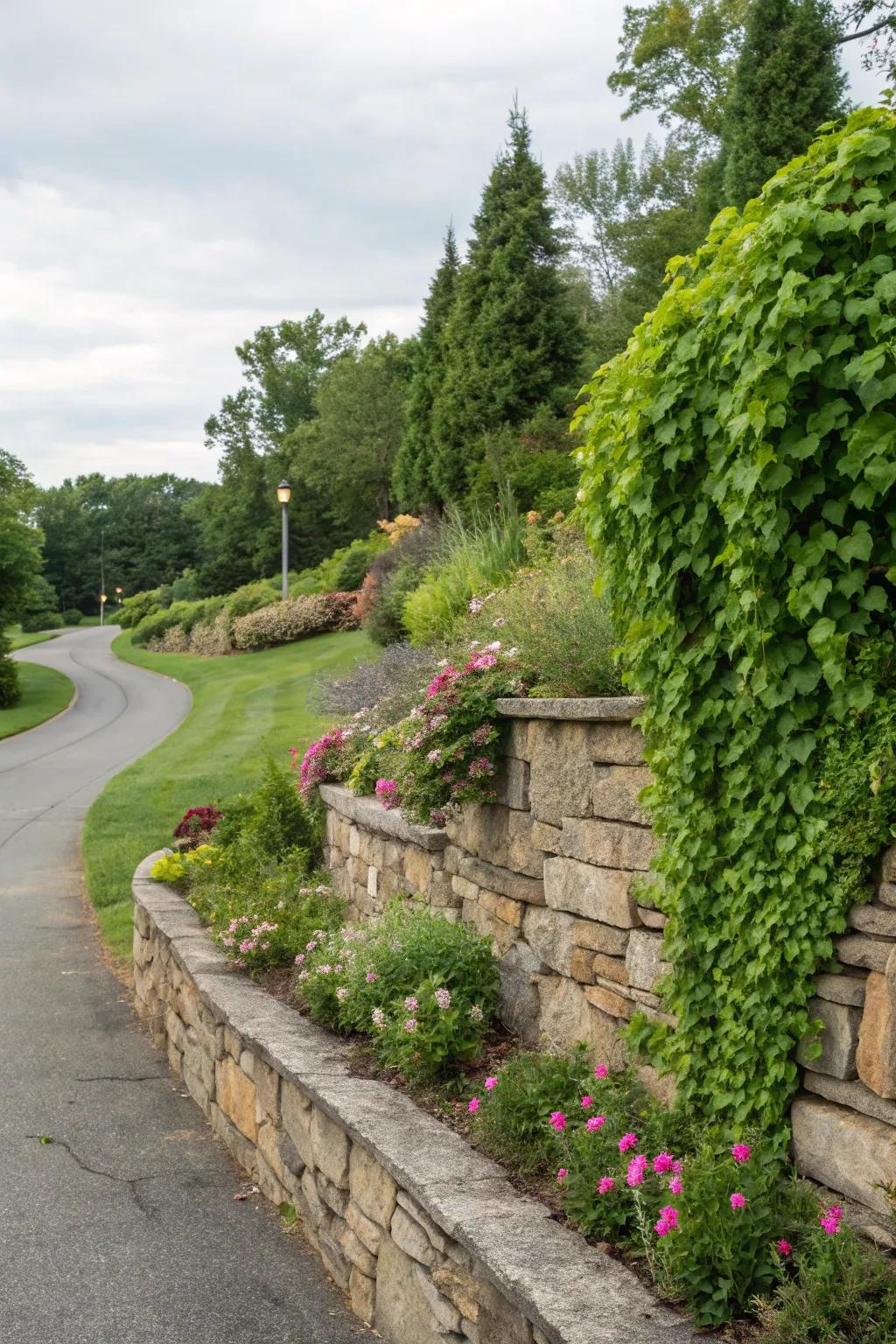 A stone structural wall imparts structure and visual appeal to a corner lot landscape.