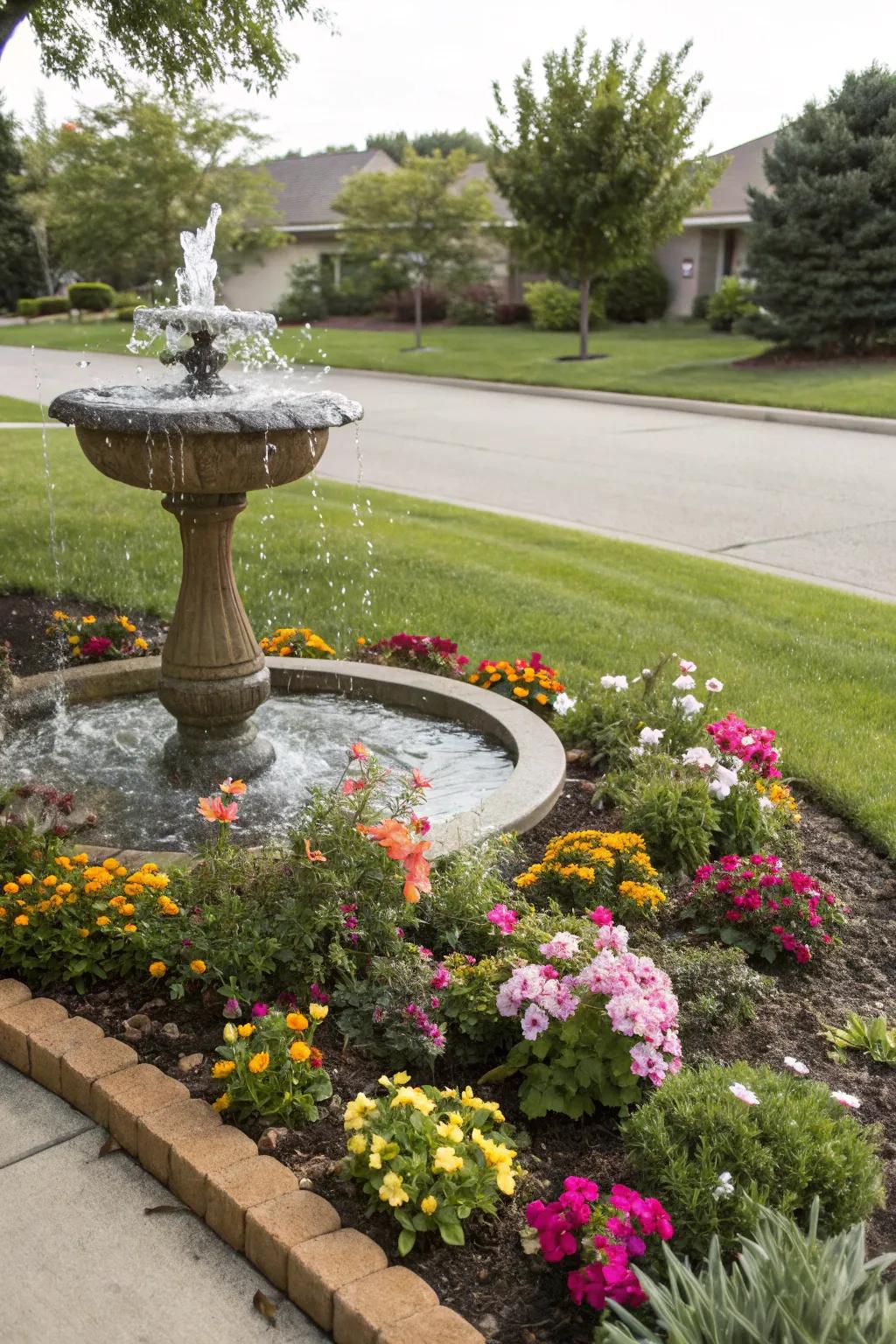 Introduce serenity with a water component in your flower beds.