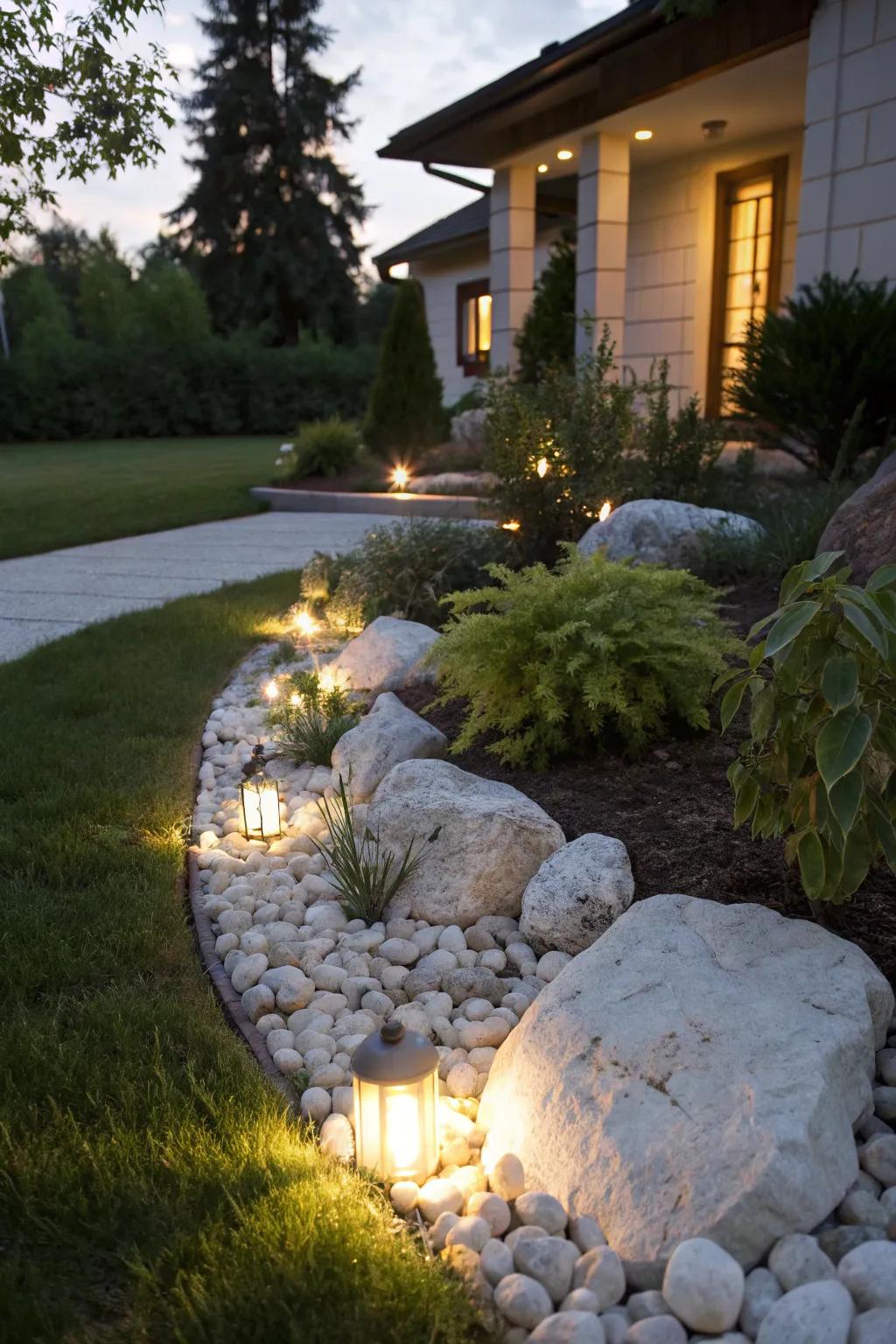 Lighting enhances the beauty of pure rock features at night.