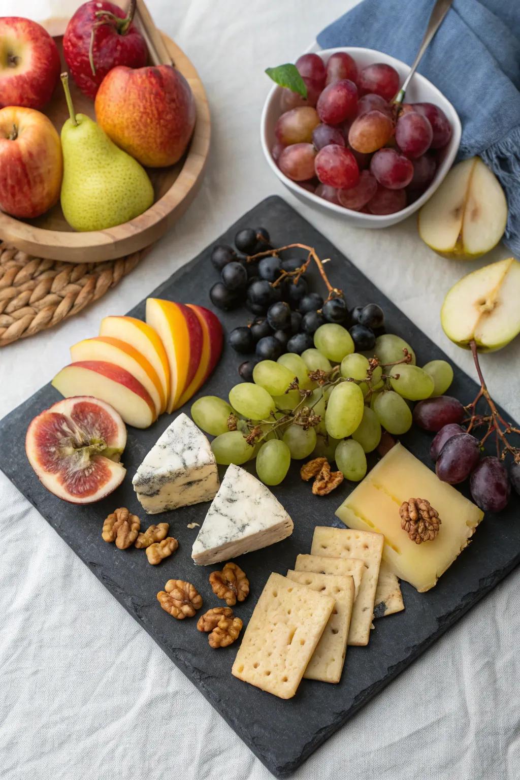 A harmonious fusion of fruits and cheeses for a sophisticated touch.