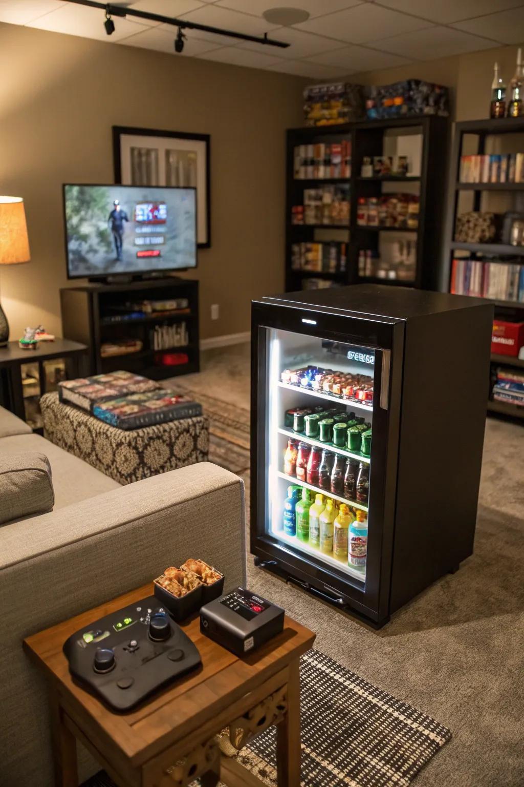 A miniature refrigerator injects convenience into those extended gaming sessions.