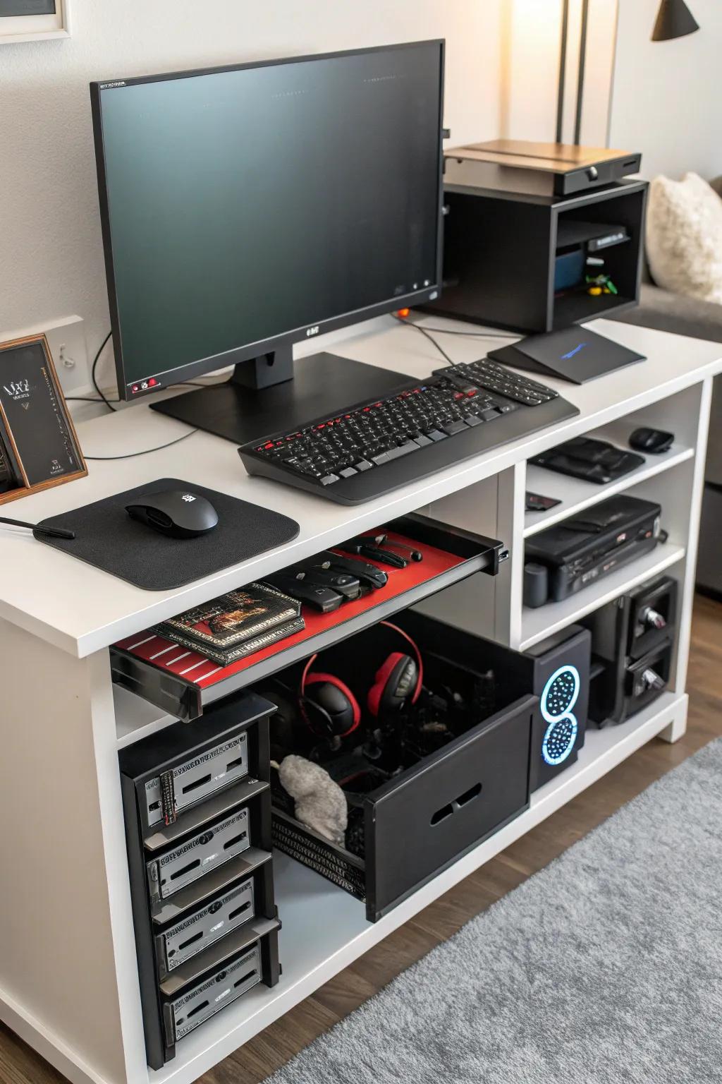 Inventive storage solutions maintain your gaming gear organized and accessible.