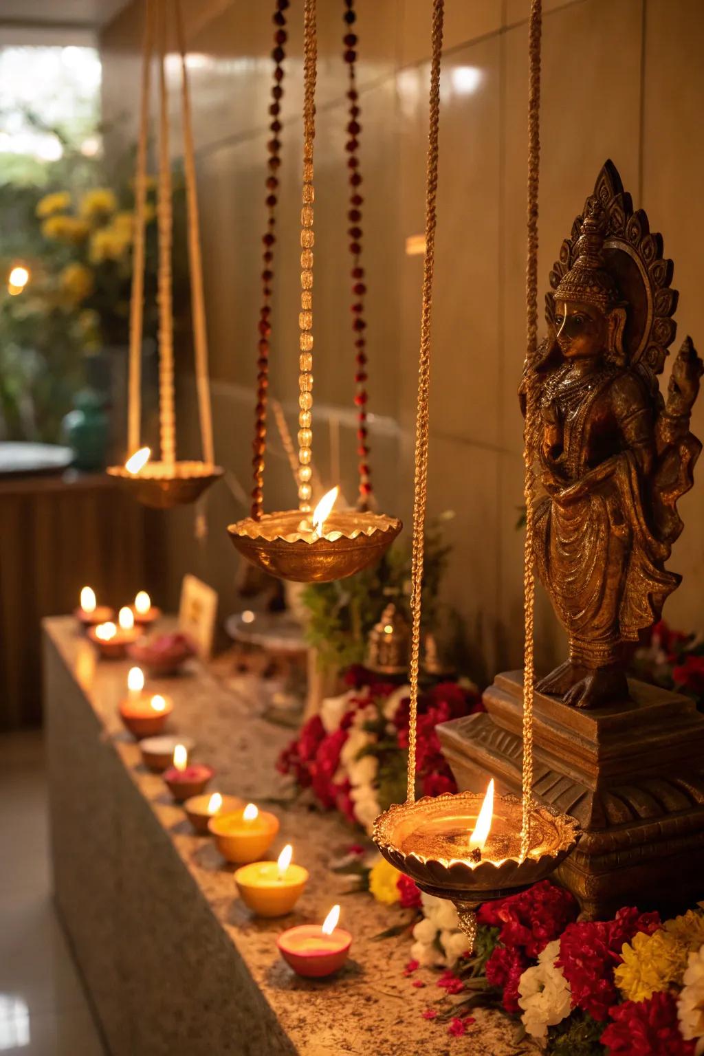 Elaborate diyas illuminating the Ganpati celebration.