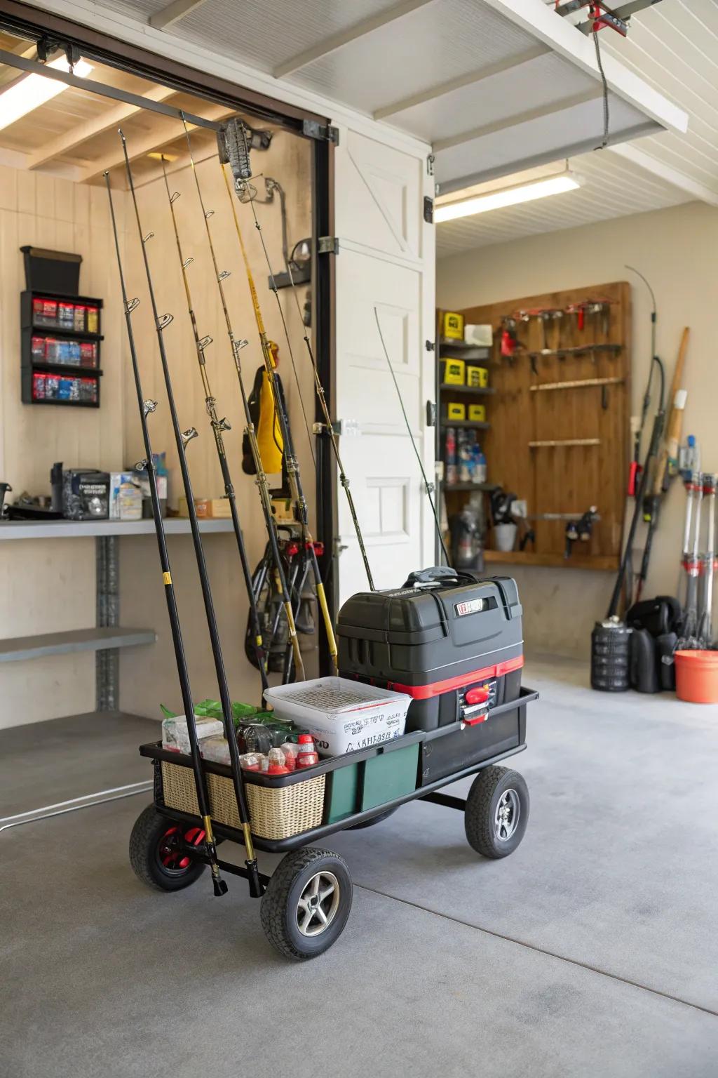 A rolling trolley offers a portable storage solution for versatile garage arrangement.