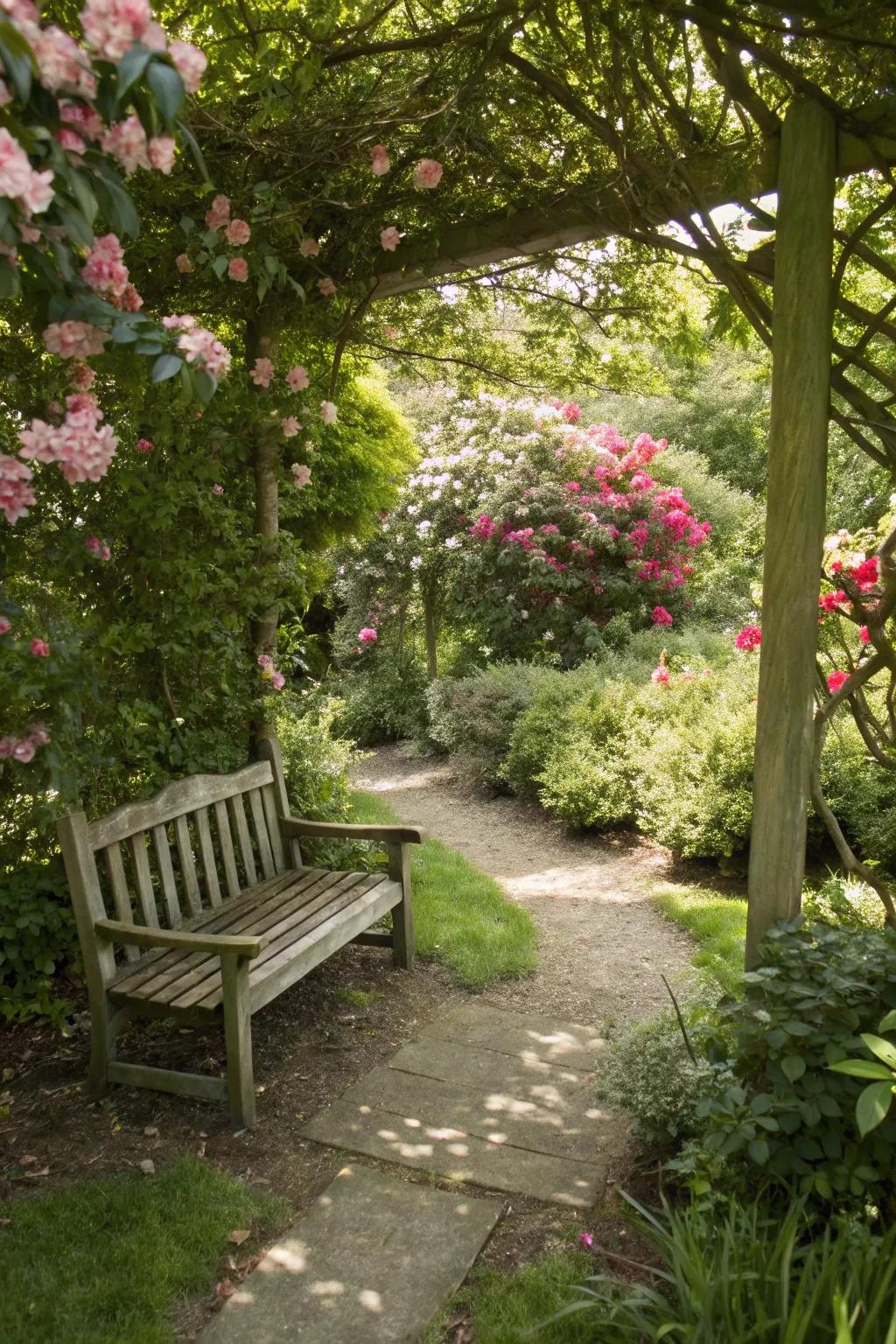 A hidden garden nook with a seat hidden behind lush flowering shrubs.
