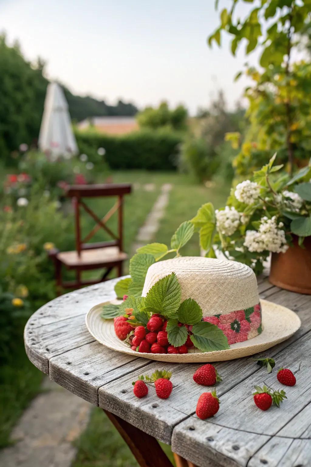 Fruity amusement hat for a playful summer party aesthetic.