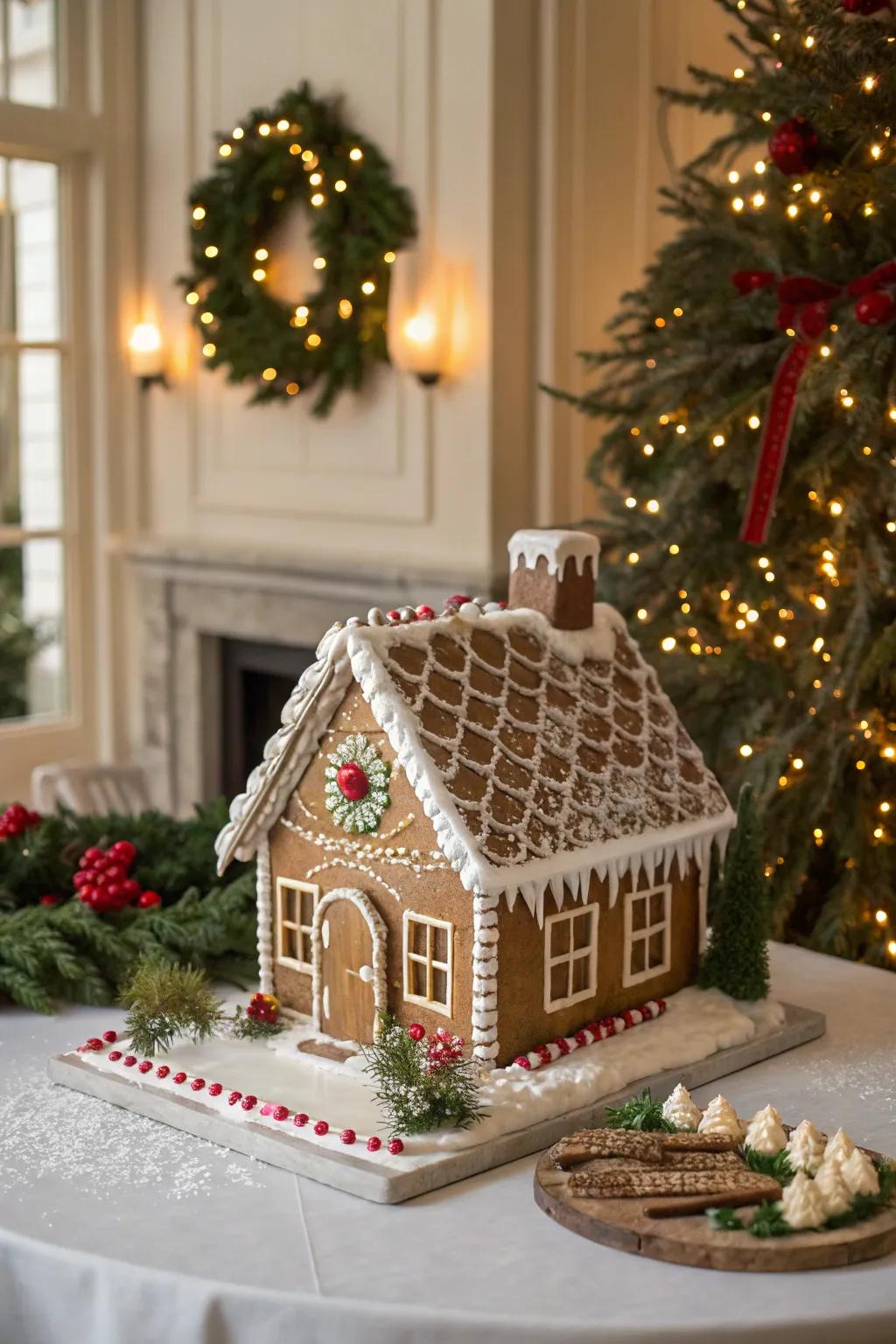 A sugar paste-tiled roof on a gingerbread house.