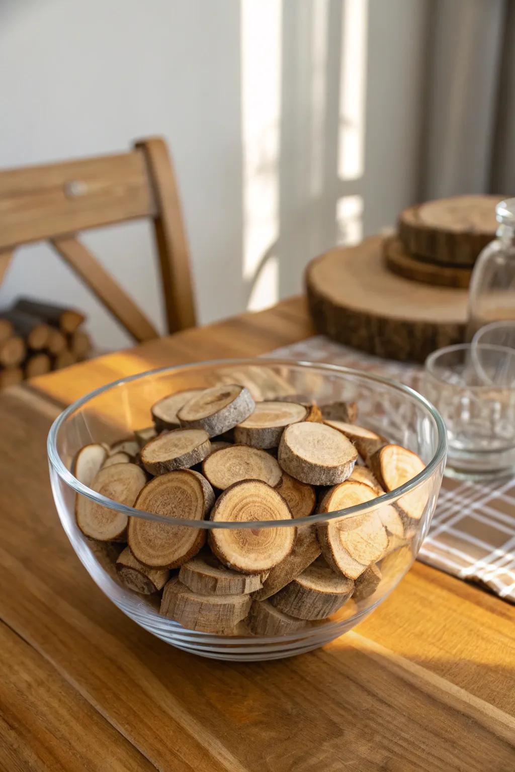 Earthy charm featuring wood segments within a glass bowl.
