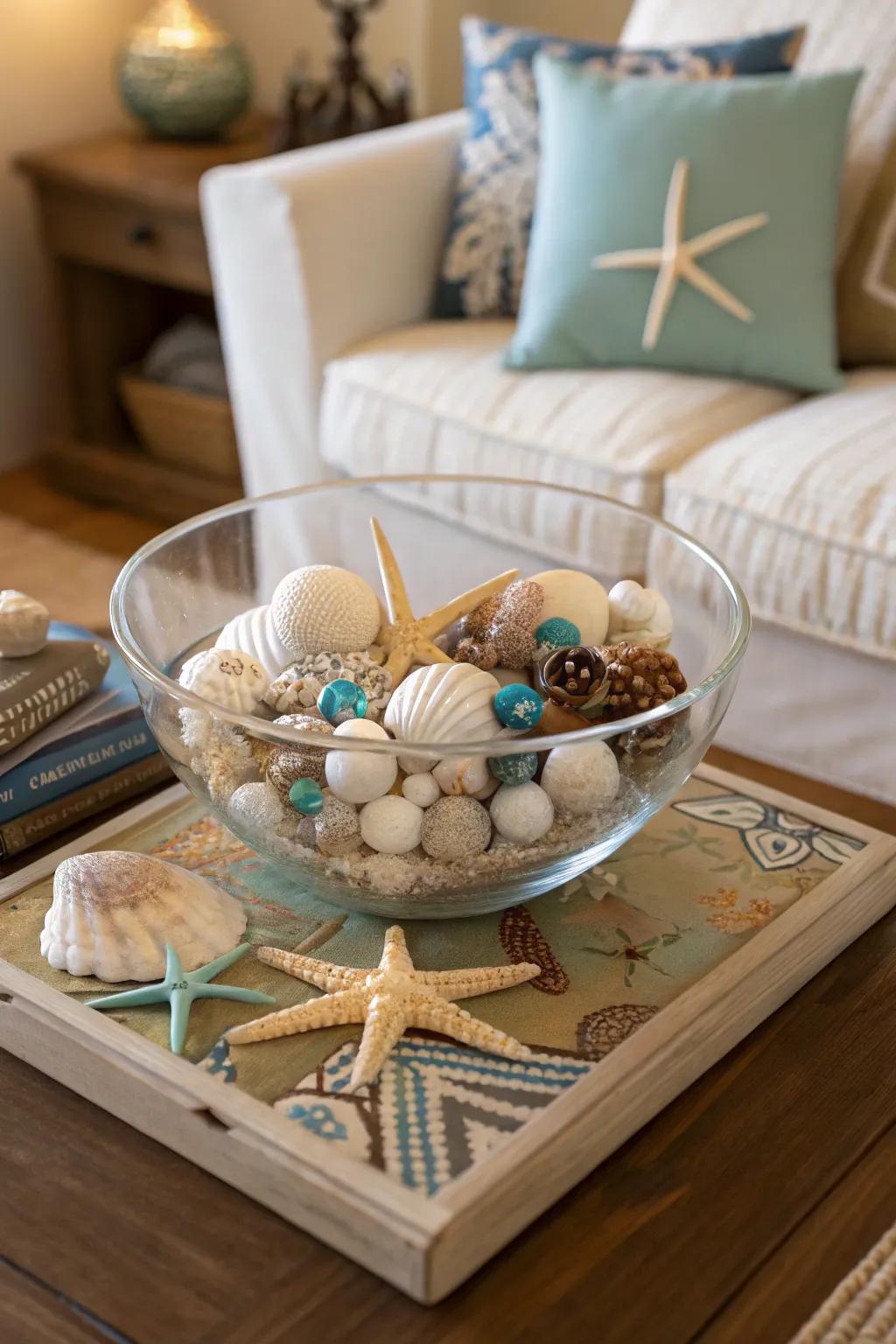 A littoral Christmas, evidenced by seashells nestled within a crystal vessel.